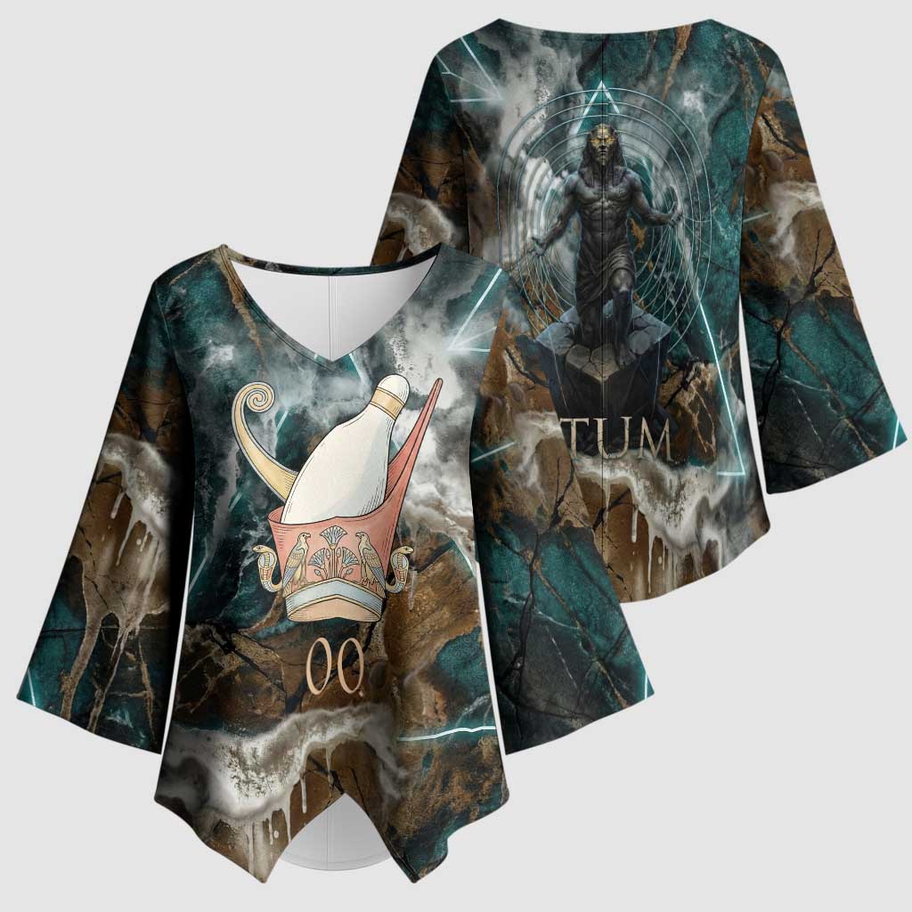 Atum Kimono Sleeve Blouse Ancient Egyptian Teal Marble Smoke, Solar Barque Crown, Creator Deity Statue - Wonder Print Shop