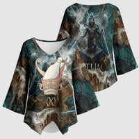 Atum Kimono Sleeve Blouse Ancient Egyptian Teal Marble Smoke, Solar Barque Crown, Creator Deity Statue - Wonder Print Shop