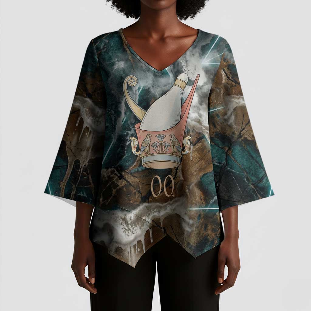 Atum Kimono Sleeve Blouse Ancient Egyptian Teal Marble Smoke, Solar Barque Crown, Creator Deity Statue - Wonder Print Shop