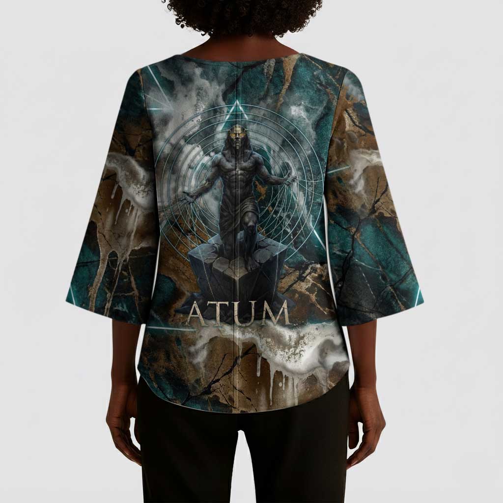 Atum Kimono Sleeve Blouse Ancient Egyptian Teal Marble Smoke, Solar Barque Crown, Creator Deity Statue - Wonder Print Shop