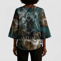 Atum Kimono Sleeve Blouse Ancient Egyptian Teal Marble Smoke, Solar Barque Crown, Creator Deity Statue - Wonder Print Shop
