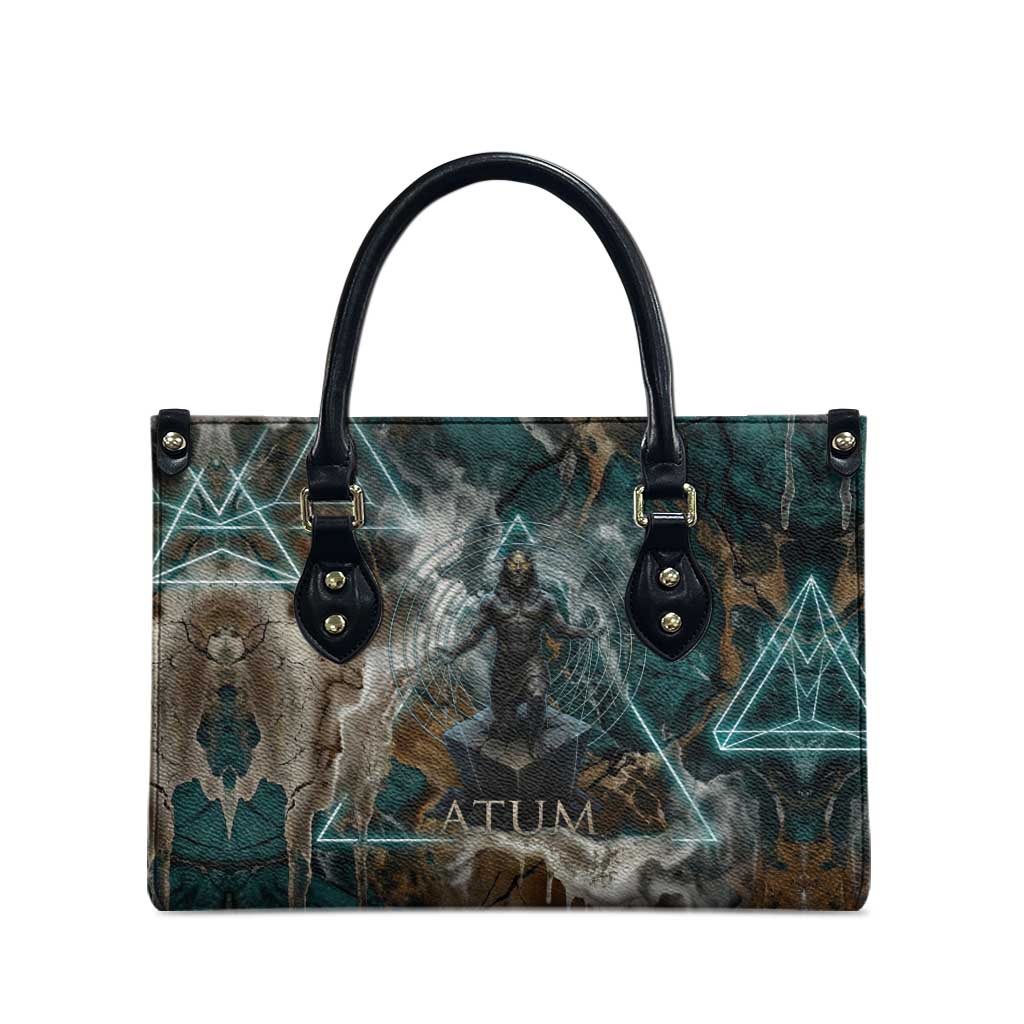 Atum Leather Bag Ancient Egyptian Teal Marble Smoke, Solar Barque Crown, Creator Deity Statue - Wonder Print Shop