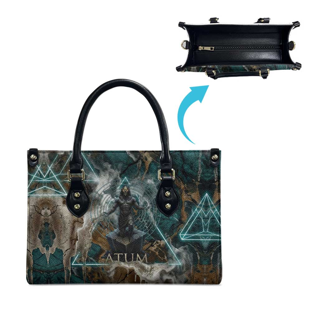 Atum Leather Bag Ancient Egyptian Teal Marble Smoke, Solar Barque Crown, Creator Deity Statue - Wonder Print Shop