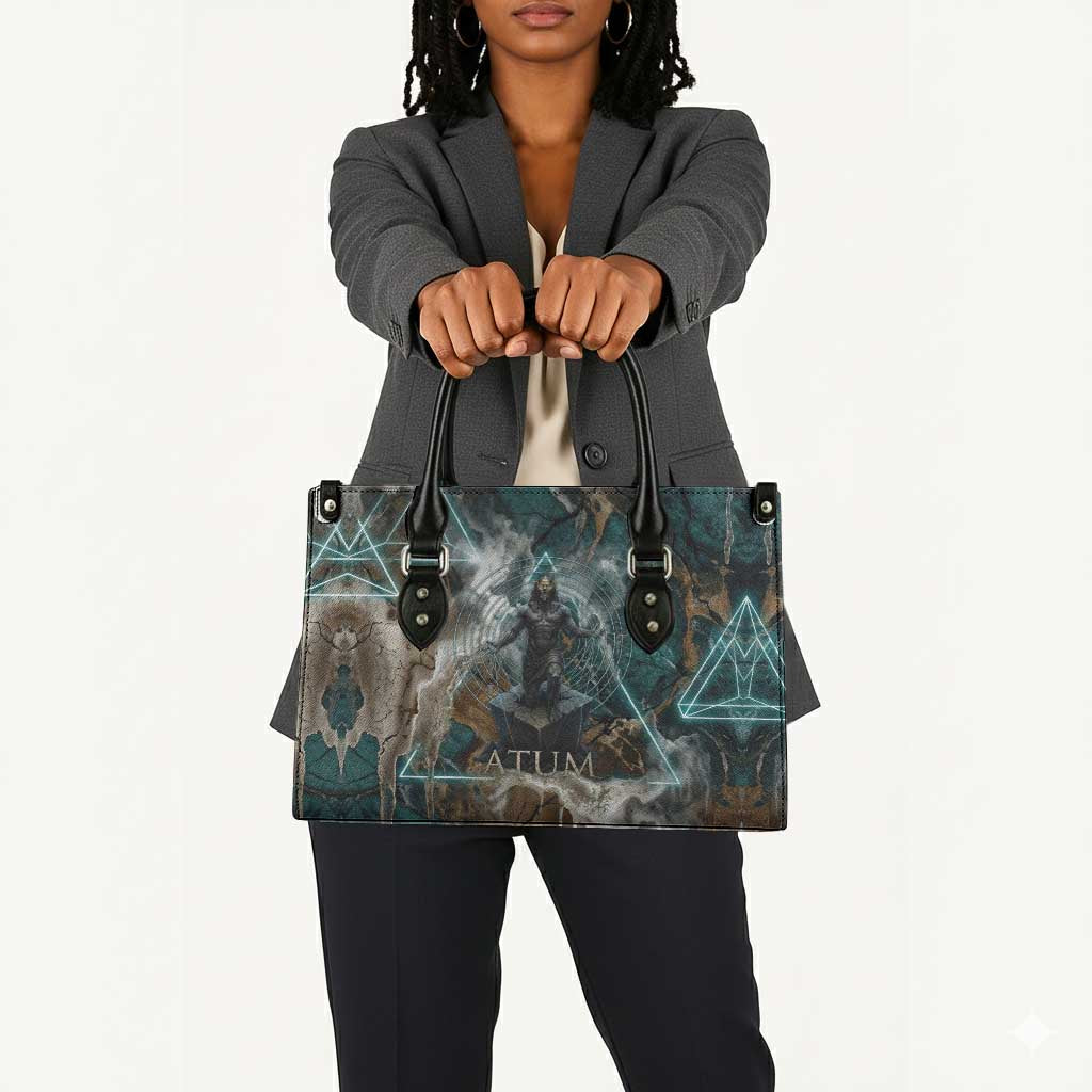 Atum Leather Bag Ancient Egyptian Teal Marble Smoke, Solar Barque Crown, Creator Deity Statue - Wonder Print Shop