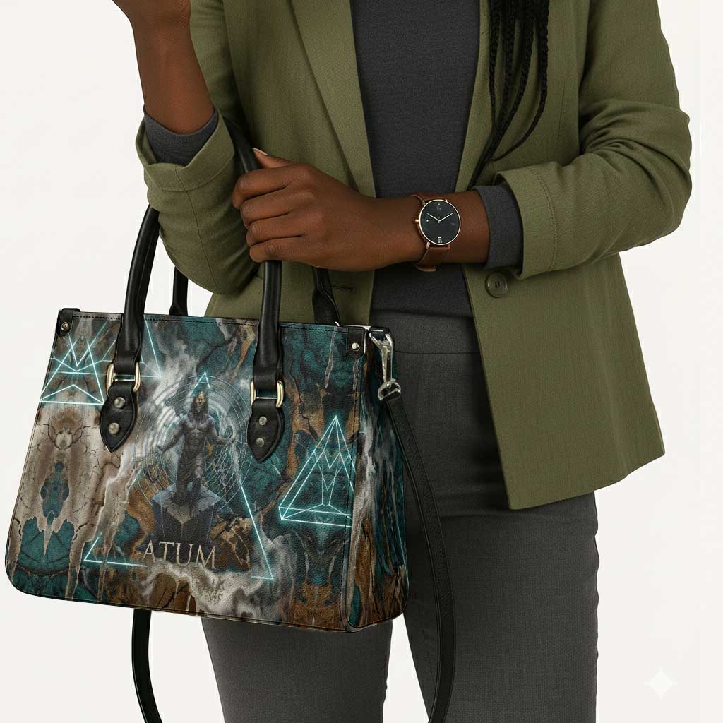 Atum Leather Bag Ancient Egyptian Teal Marble Smoke, Solar Barque Crown, Creator Deity Statue - Wonder Print Shop