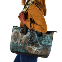 Atum Leather Tote Bag Ancient Egyptian Teal Marble Smoke, Solar Barque Crown, Creator Deity Statue - Wonder Print Shop