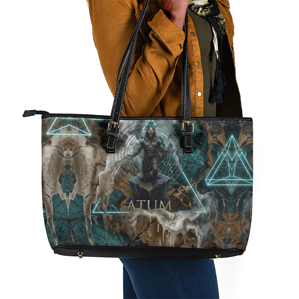 Atum Leather Tote Bag Ancient Egyptian Teal Marble Smoke, Solar Barque Crown, Creator Deity Statue - Wonder Print Shop