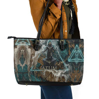 Atum Leather Tote Bag Ancient Egyptian Teal Marble Smoke, Solar Barque Crown, Creator Deity Statue - Wonder Print Shop