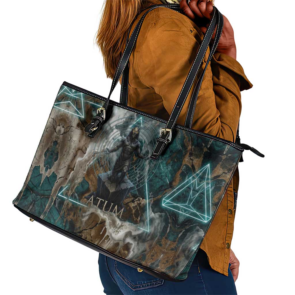 Atum Leather Tote Bag Ancient Egyptian Teal Marble Smoke, Solar Barque Crown, Creator Deity Statue - Wonder Print Shop