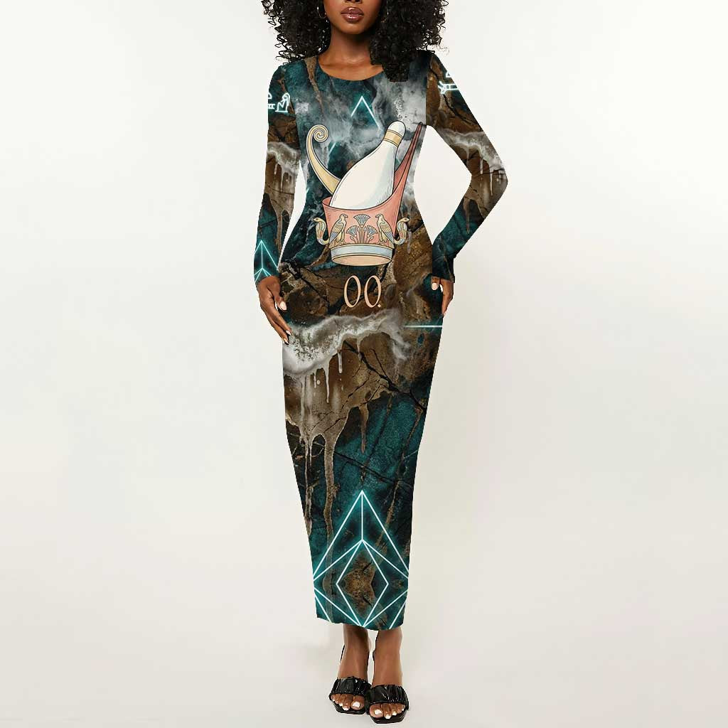Atum Long Sleeve Bodycon Dress Ancient Egyptian Teal Marble Smoke, Solar Barque Crown, Creator Deity Statue - Wonder Print Shop