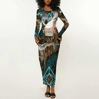 Atum Long Sleeve Bodycon Dress Ancient Egyptian Teal Marble Smoke, Solar Barque Crown, Creator Deity Statue - Wonder Print Shop