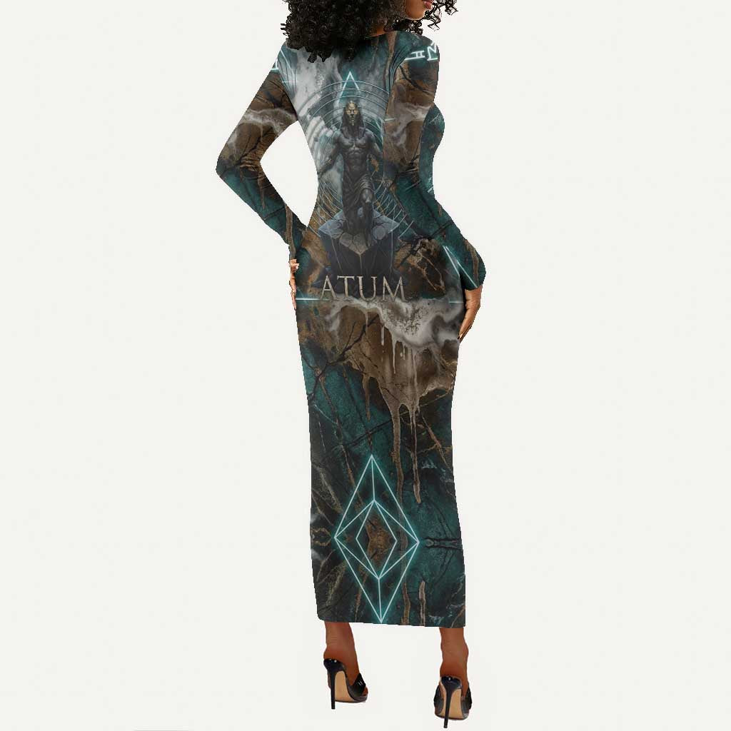 Atum Long Sleeve Bodycon Dress Ancient Egyptian Teal Marble Smoke, Solar Barque Crown, Creator Deity Statue - Wonder Print Shop