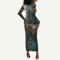 Atum Long Sleeve Bodycon Dress Ancient Egyptian Teal Marble Smoke, Solar Barque Crown, Creator Deity Statue - Wonder Print Shop