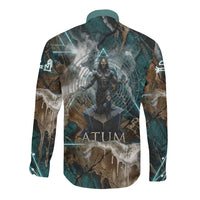 Atum Long Sleeve Button Shirt Ancient Egyptian Teal Marble Smoke, Solar Barque Crown, Creator Deity Statue - Wonder Print Shop