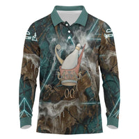Atum Long Sleeve Polo Shirt Ancient Egyptian Teal Marble Smoke, Solar Barque Crown, Creator Deity Statue - Wonder Print Shop