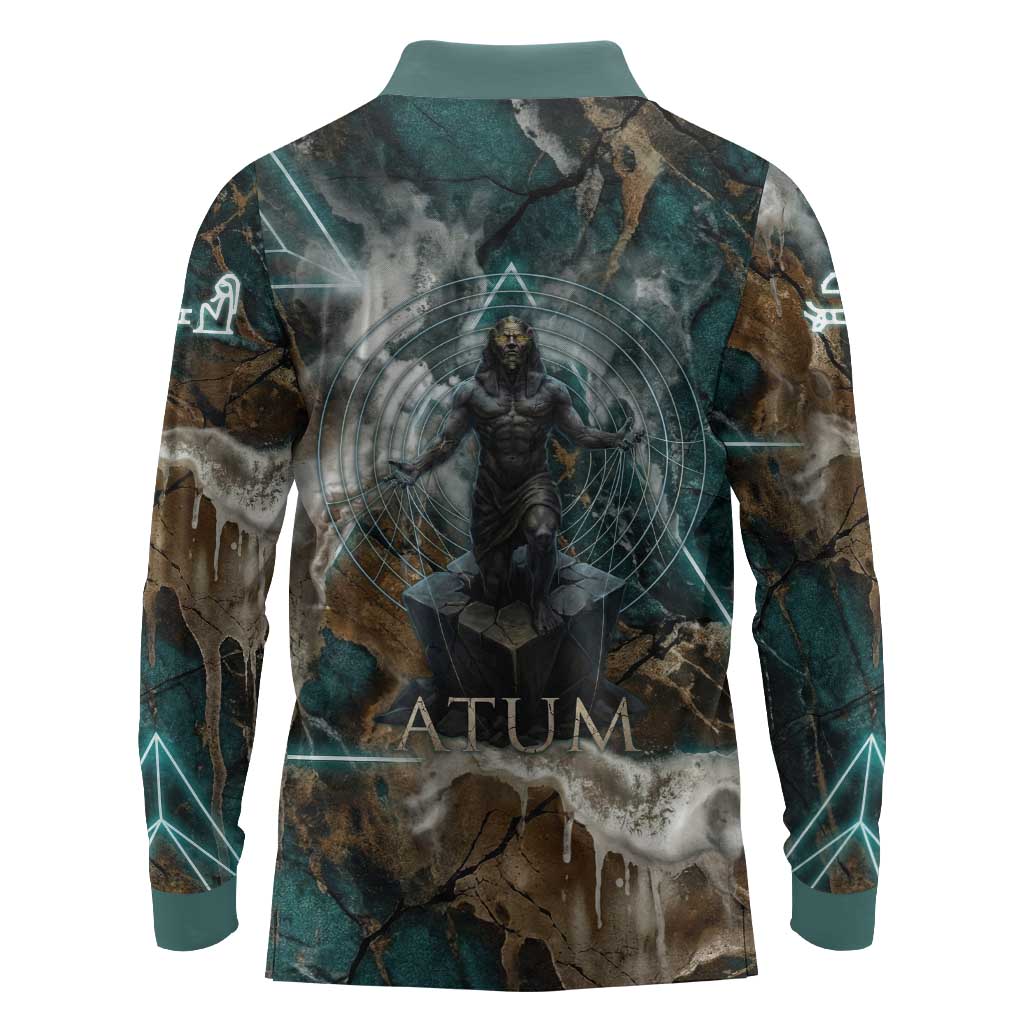 Atum Long Sleeve Polo Shirt Ancient Egyptian Teal Marble Smoke, Solar Barque Crown, Creator Deity Statue - Wonder Print Shop