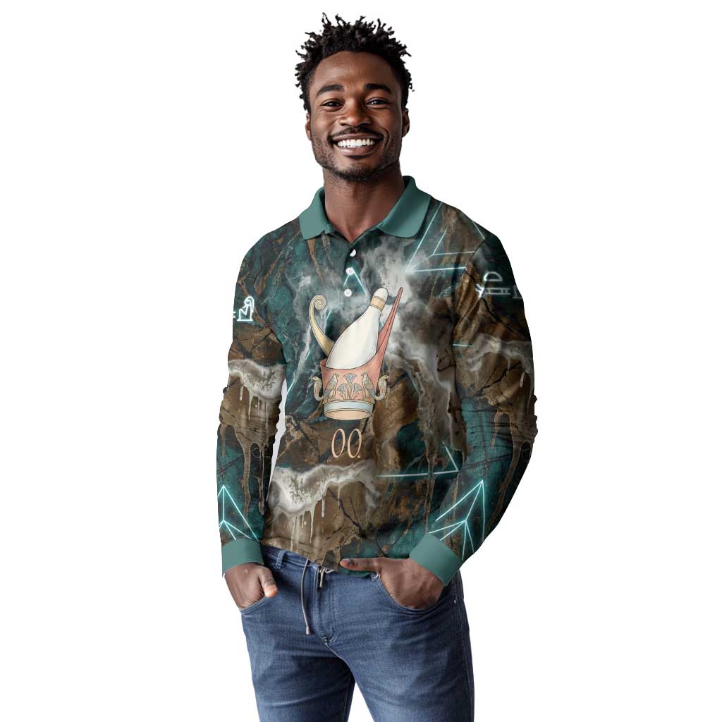 Atum Long Sleeve Polo Shirt Ancient Egyptian Teal Marble Smoke, Solar Barque Crown, Creator Deity Statue - Wonder Print Shop