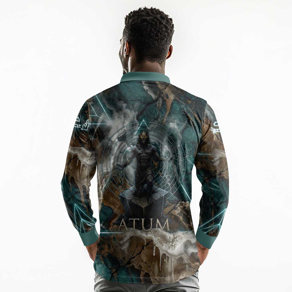 Atum Long Sleeve Polo Shirt Ancient Egyptian Teal Marble Smoke, Solar Barque Crown, Creator Deity Statue - Wonder Print Shop