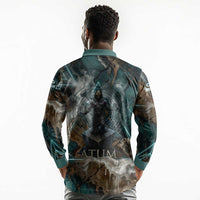 Atum Long Sleeve Polo Shirt Ancient Egyptian Teal Marble Smoke, Solar Barque Crown, Creator Deity Statue - Wonder Print Shop