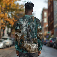 Atum Long Sleeve Shirt Ancient Egyptian Teal Marble Smoke, Solar Barque Crown, Creator Deity Statue - Wonder Print Shop