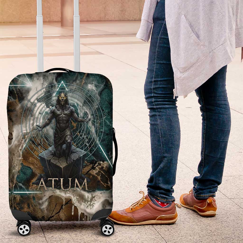 Atum Luggage Cover Ancient Egyptian Teal Marble Smoke, Solar Barque Crown, Creator Deity Statue - Wonder Print Shop