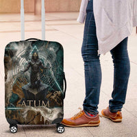 Atum Luggage Cover Ancient Egyptian Teal Marble Smoke, Solar Barque Crown, Creator Deity Statue - Wonder Print Shop