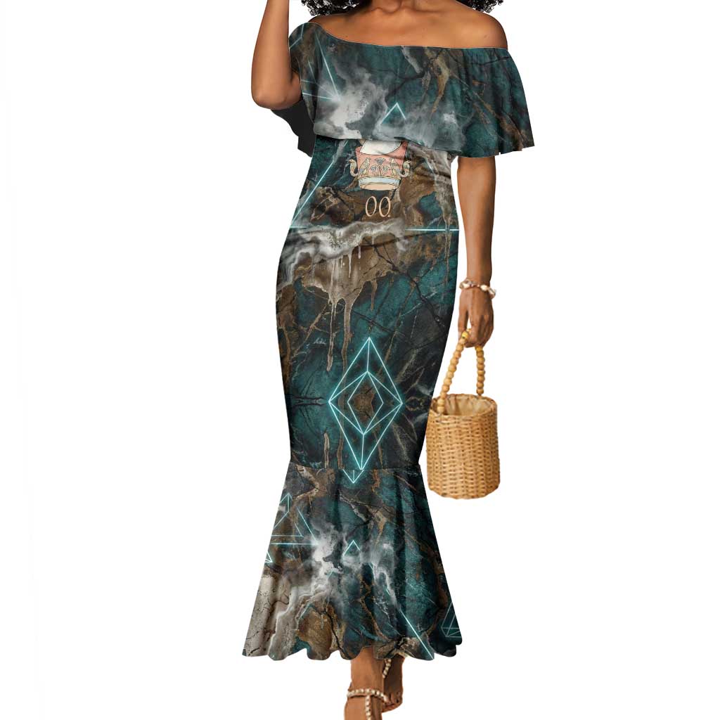 Atum Mermaid Dress Ancient Egyptian Teal Marble Smoke, Solar Barque Crown, Creator Deity Statue - Wonder Print Shop