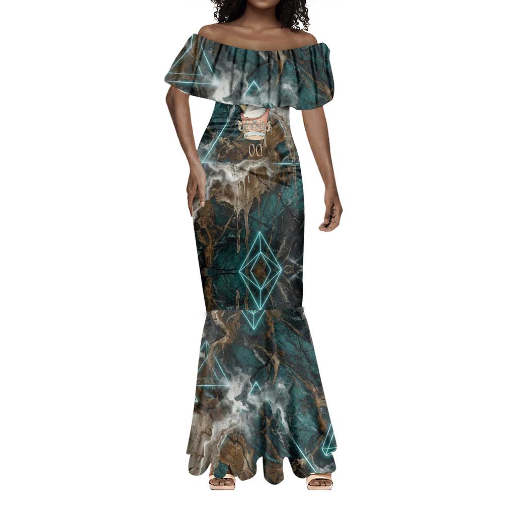 Atum Mermaid Dress Ancient Egyptian Teal Marble Smoke, Solar Barque Crown, Creator Deity Statue - Wonder Print Shop