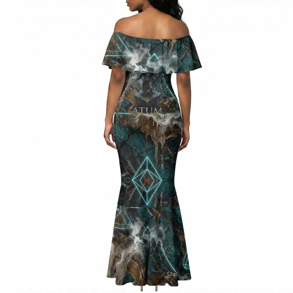Atum Mermaid Dress Ancient Egyptian Teal Marble Smoke, Solar Barque Crown, Creator Deity Statue - Wonder Print Shop