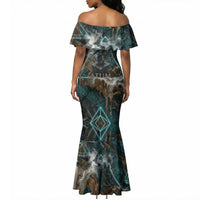 Atum Mermaid Dress Ancient Egyptian Teal Marble Smoke, Solar Barque Crown, Creator Deity Statue - Wonder Print Shop