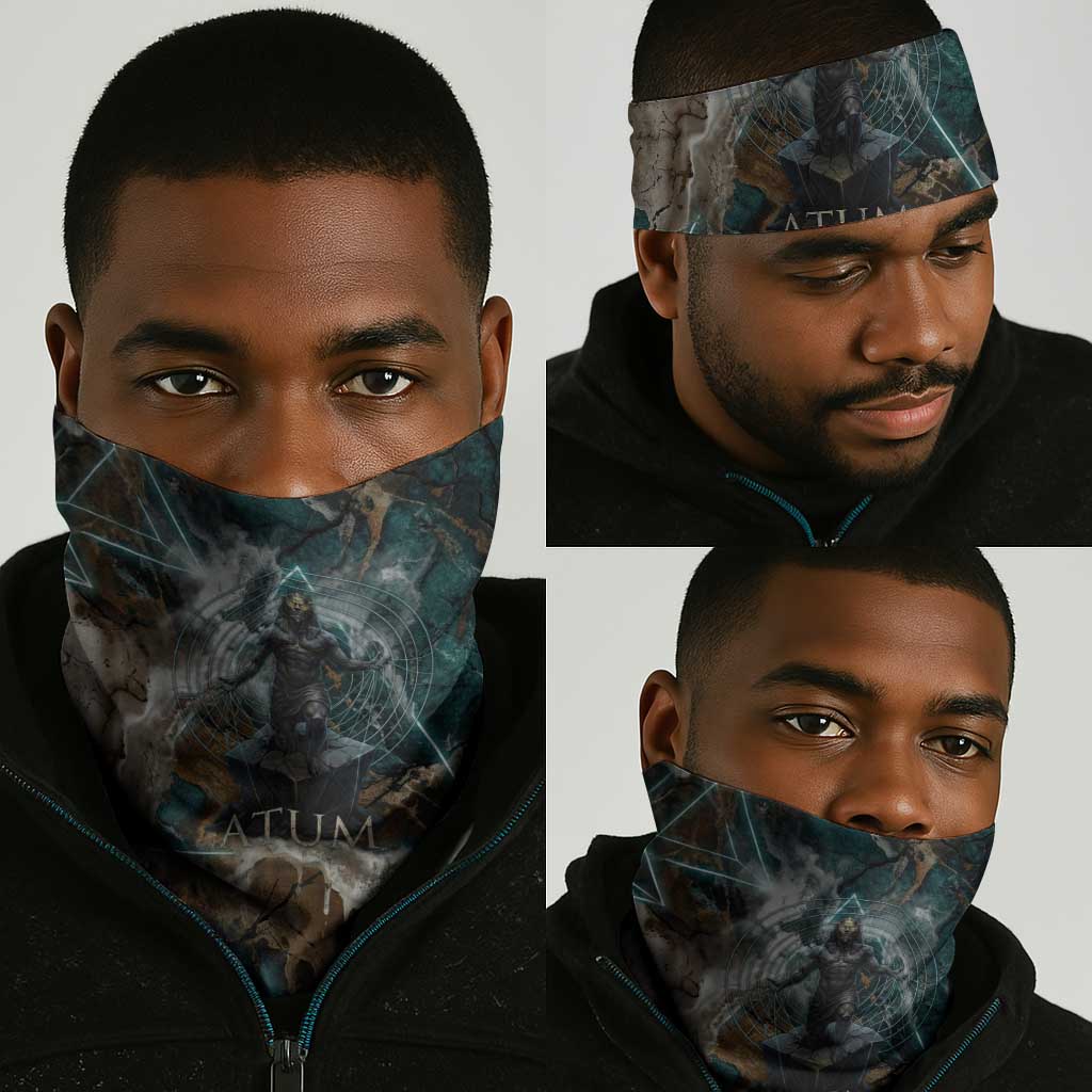 Atum Neck Gaiter Ancient Egyptian Teal Marble Smoke, Solar Barque Crown, Creator Deity Statue - Wonder Print Shop