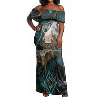 Atum Off Shoulder Maxi Dress Ancient Egyptian Teal Marble Smoke, Solar Barque Crown, Creator Deity Statue - Wonder Print Shop