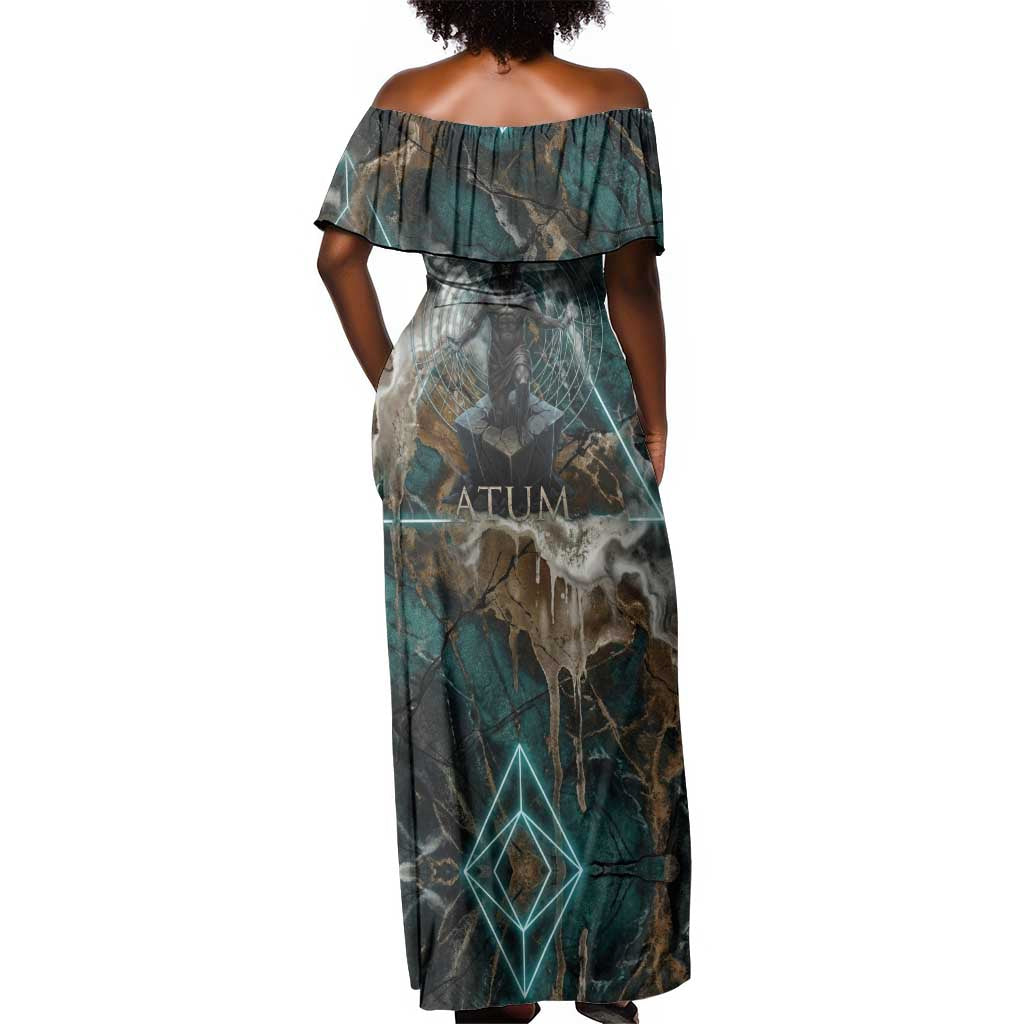Atum Off Shoulder Maxi Dress Ancient Egyptian Teal Marble Smoke, Solar Barque Crown, Creator Deity Statue - Wonder Print Shop