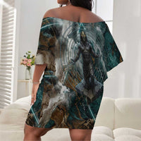 Atum Off Shoulder Short Dress Ancient Egyptian Teal Marble Smoke, Solar Barque Crown, Creator Deity Statue - Wonder Print Shop