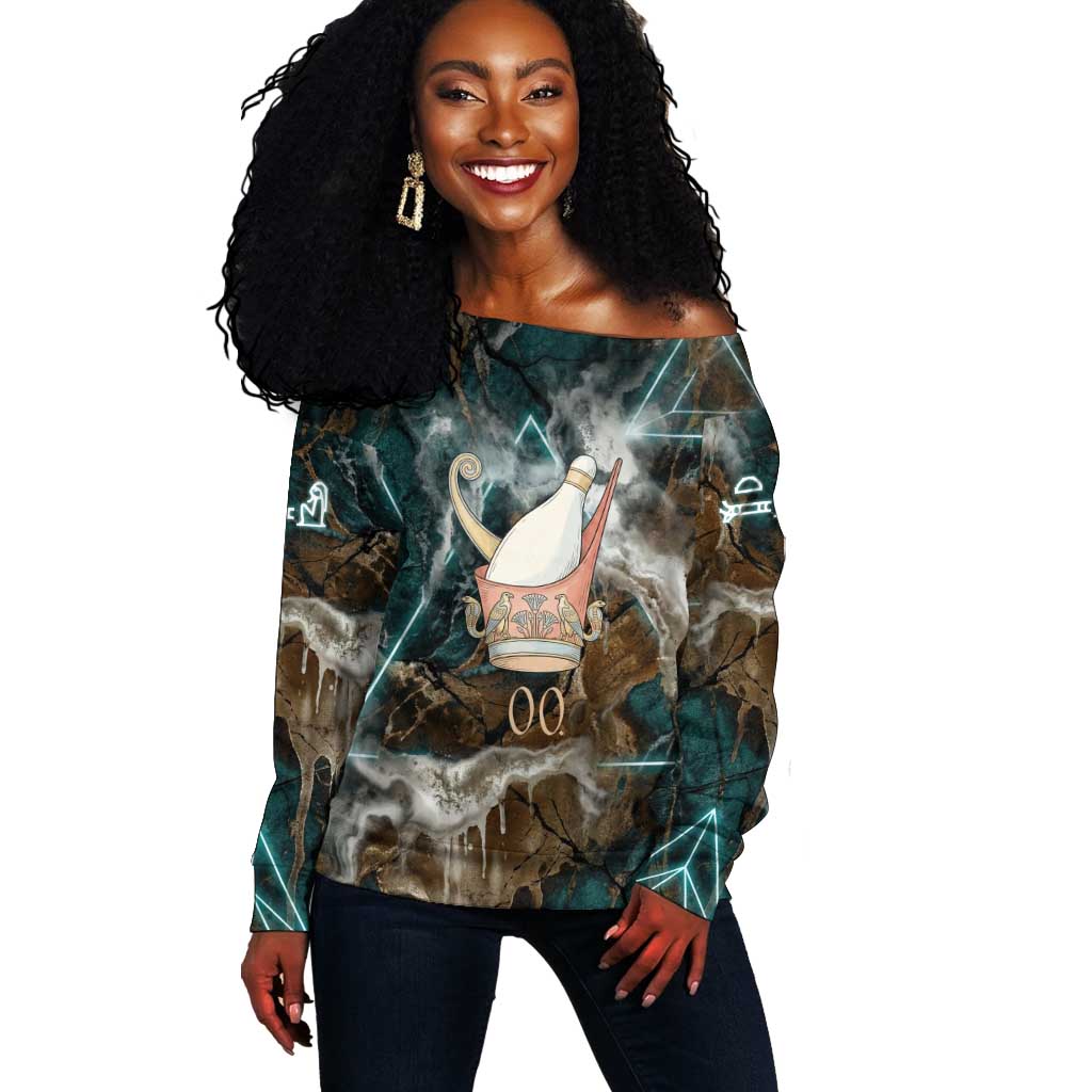 Atum Off Shoulder Sweater Ancient Egyptian Teal Marble Smoke, Solar Barque Crown, Creator Deity Statue - Wonder Print Shop