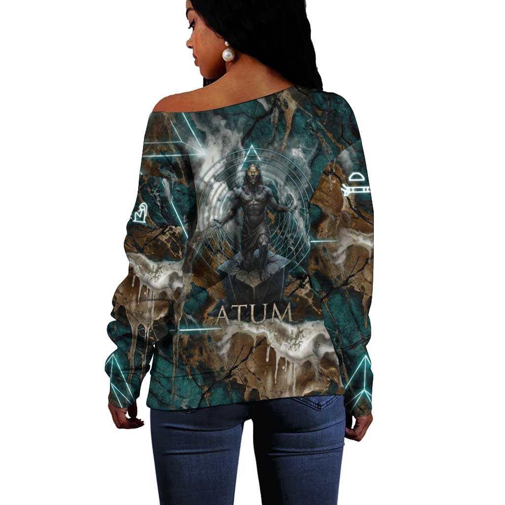 Atum Off Shoulder Sweater Ancient Egyptian Teal Marble Smoke, Solar Barque Crown, Creator Deity Statue - Wonder Print Shop