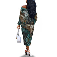 Atum Off The Shoulder Long Sleeve Dress Ancient Egyptian Teal Marble Smoke, Solar Barque Crown, Creator Deity Statue - Wonder Print Shop