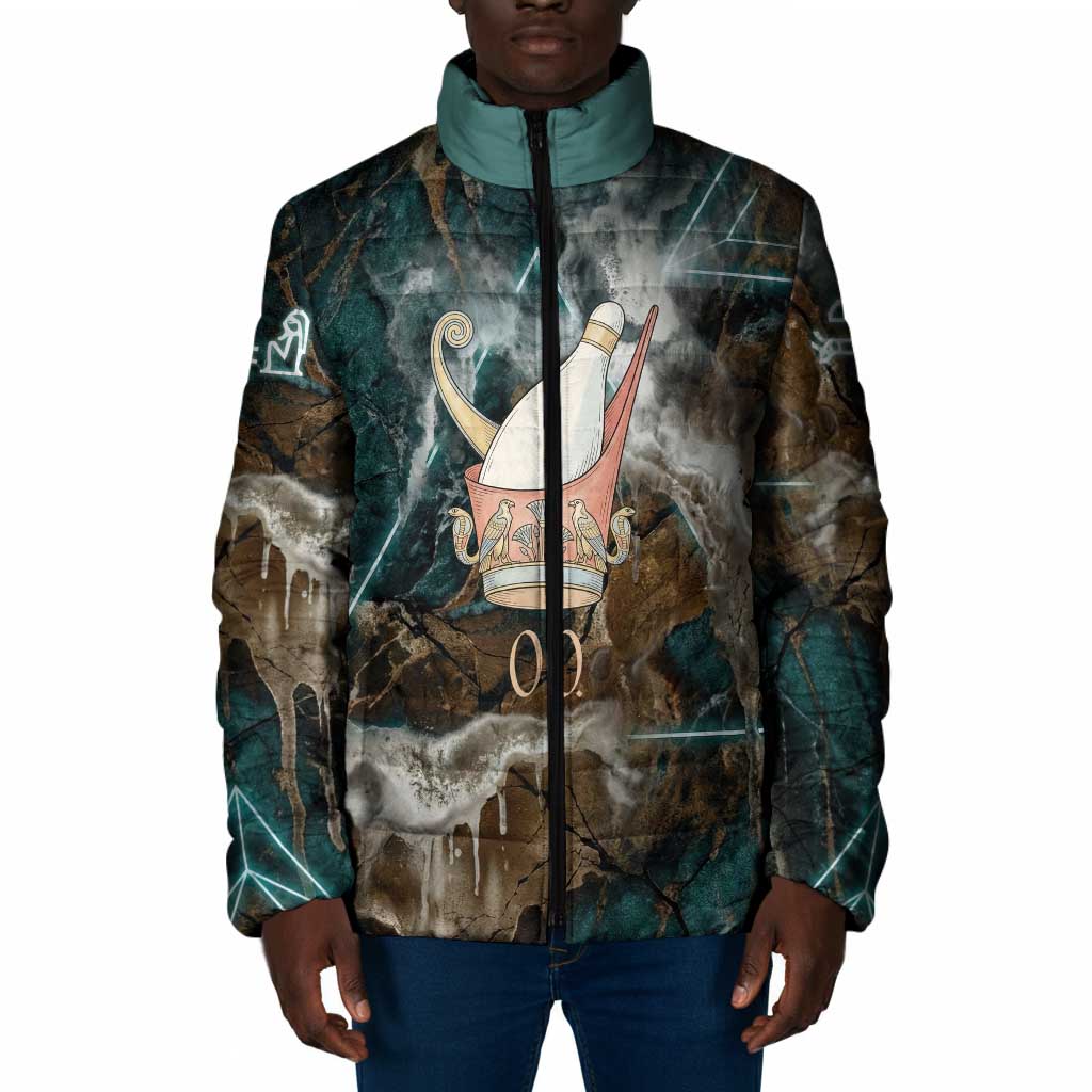 Atum Padded Jacket Ancient Egyptian Teal Marble Smoke, Solar Barque Crown, Creator Deity Statue - Wonder Print Shop