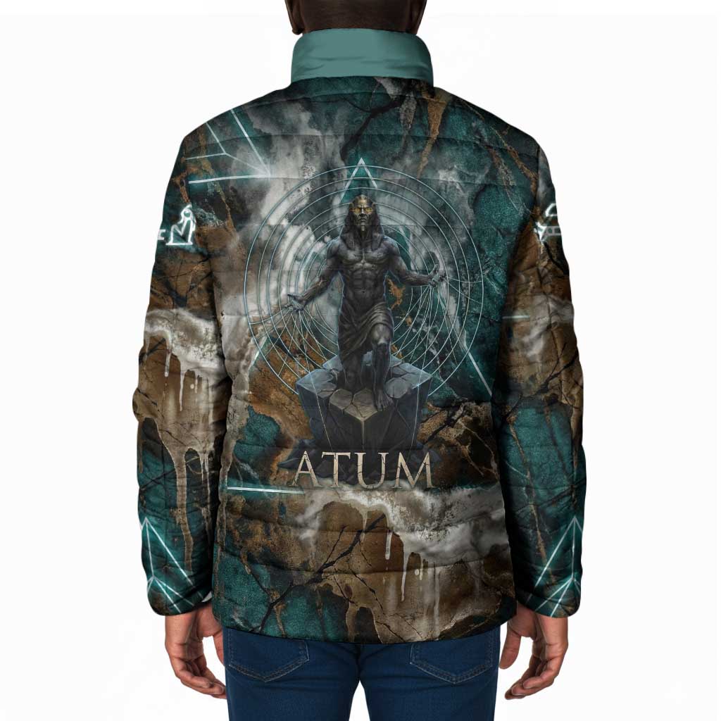 Atum Padded Jacket Ancient Egyptian Teal Marble Smoke, Solar Barque Crown, Creator Deity Statue - Wonder Print Shop
