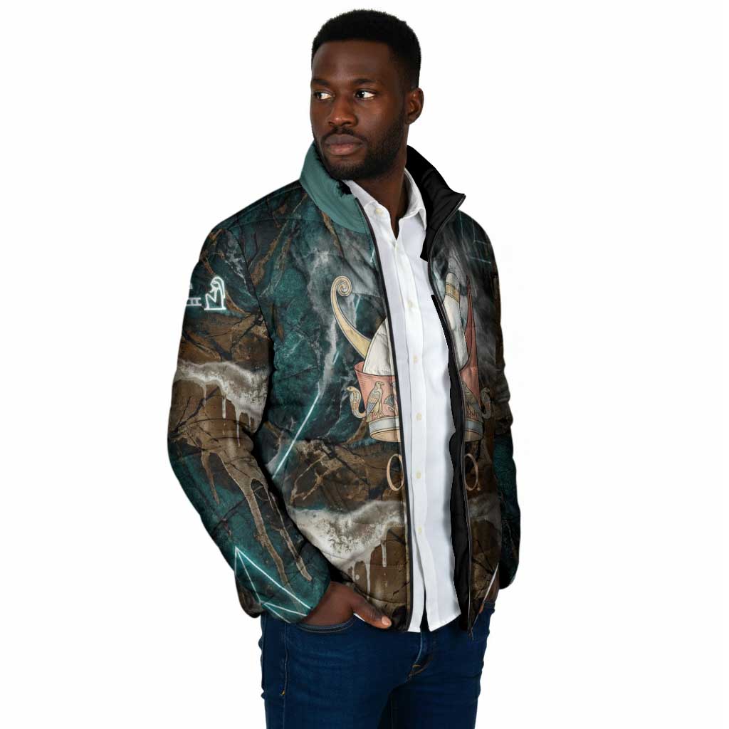 Atum Padded Jacket Ancient Egyptian Teal Marble Smoke, Solar Barque Crown, Creator Deity Statue - Wonder Print Shop