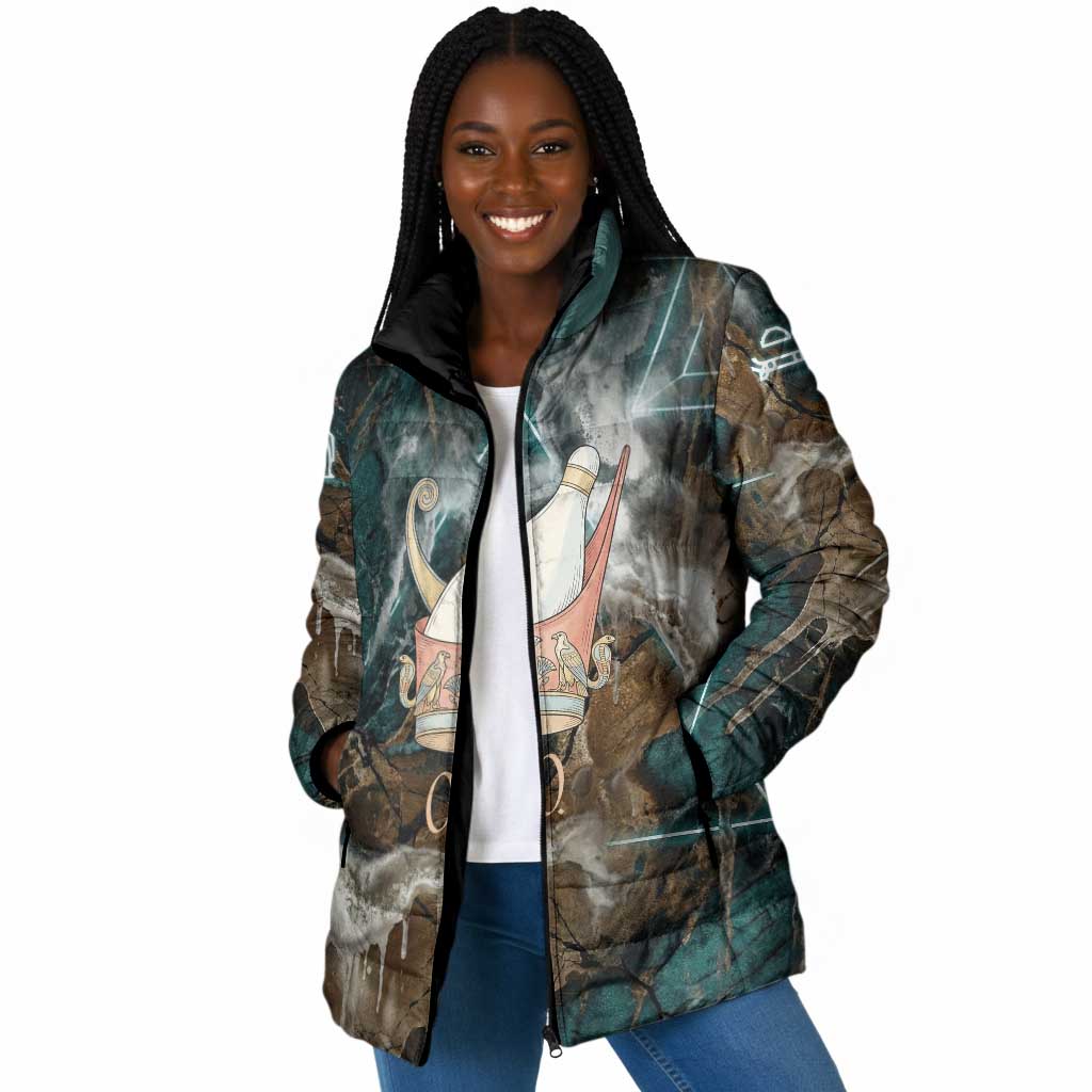 Atum Padded Jacket Ancient Egyptian Teal Marble Smoke, Solar Barque Crown, Creator Deity Statue - Wonder Print Shop