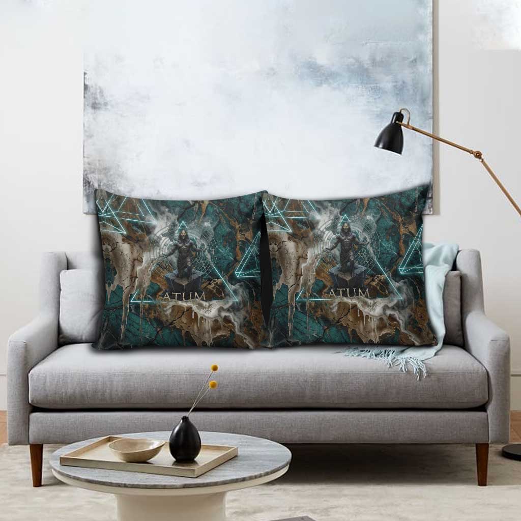 Atum Pillow Cover Ancient Egyptian Teal Marble Smoke, Solar Barque Crown, Creator Deity Statue - Wonder Print Shop