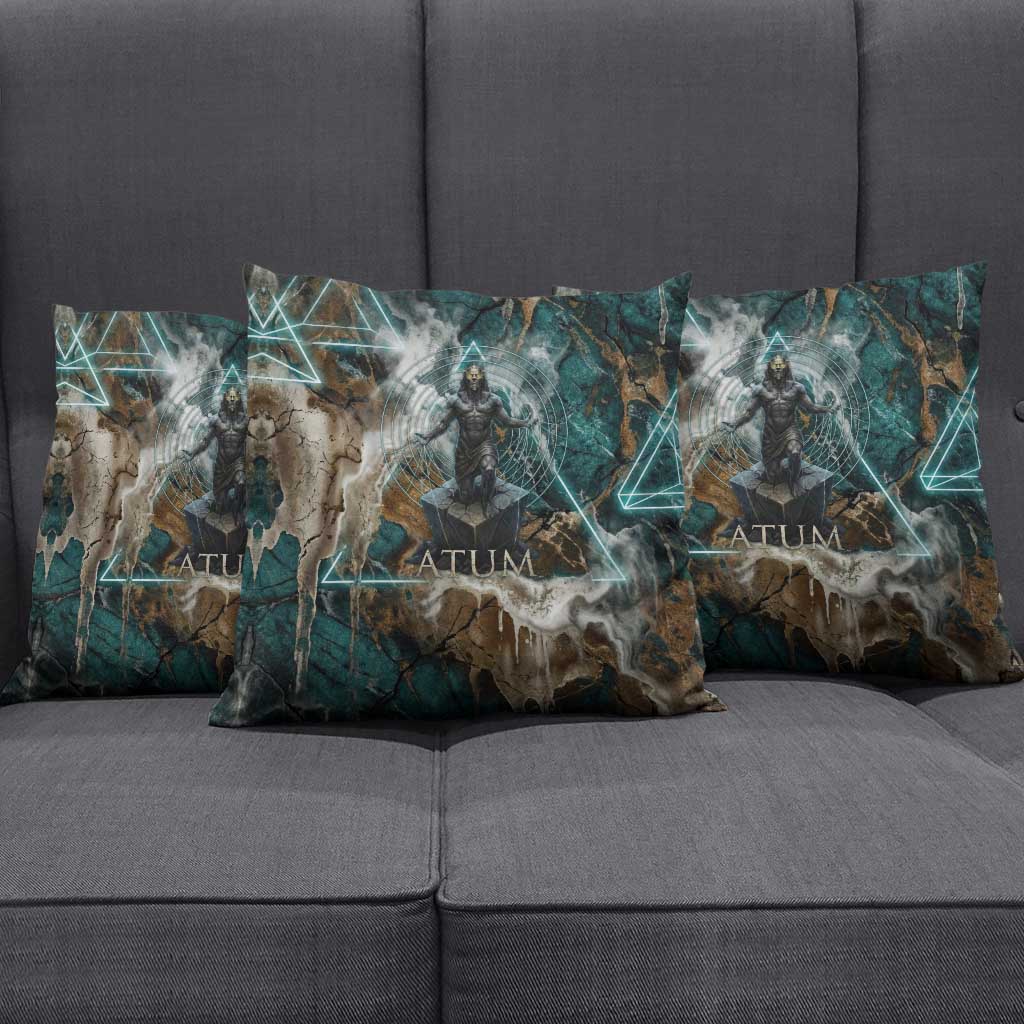 Atum Pillow Cover Ancient Egyptian Teal Marble Smoke, Solar Barque Crown, Creator Deity Statue - Wonder Print Shop