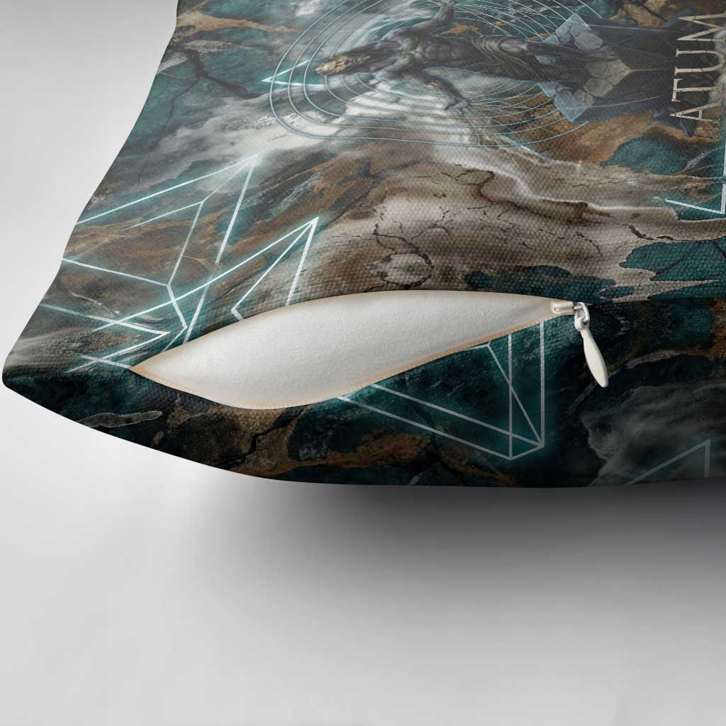 Atum Pillow Cover Ancient Egyptian Teal Marble Smoke, Solar Barque Crown, Creator Deity Statue - Wonder Print Shop