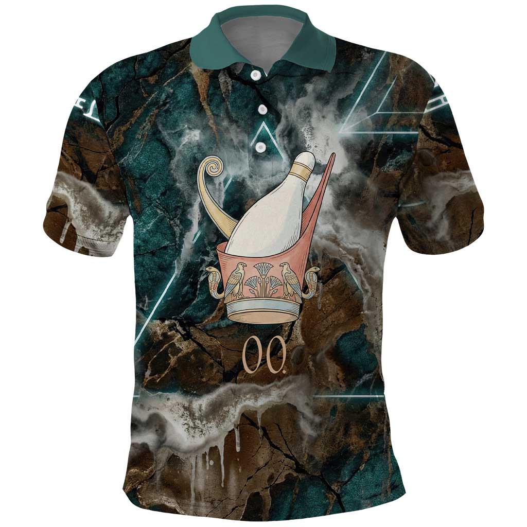 Atum Polo Shirt Ancient Egyptian Teal Marble Smoke, Solar Barque Crown, Creator Deity Statue - Wonder Print Shop