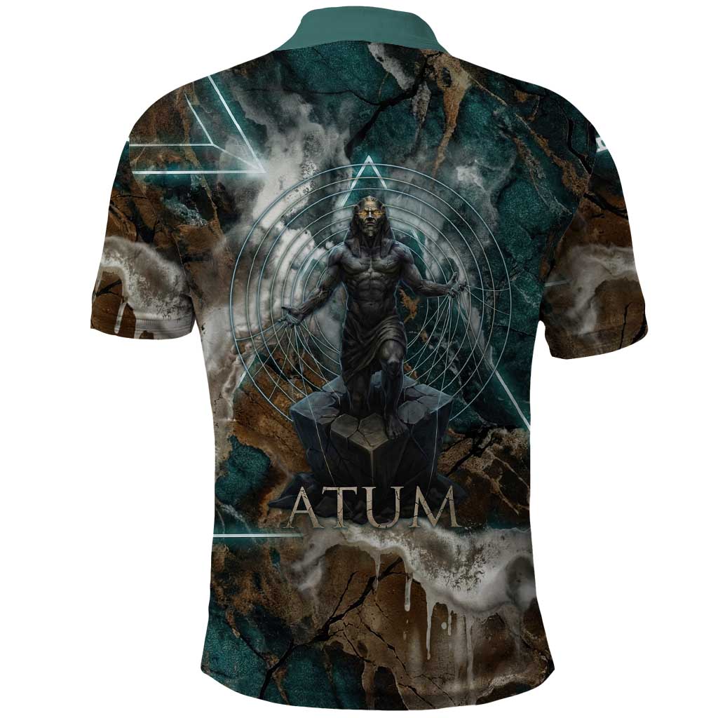 Atum Polo Shirt Ancient Egyptian Teal Marble Smoke, Solar Barque Crown, Creator Deity Statue - Wonder Print Shop