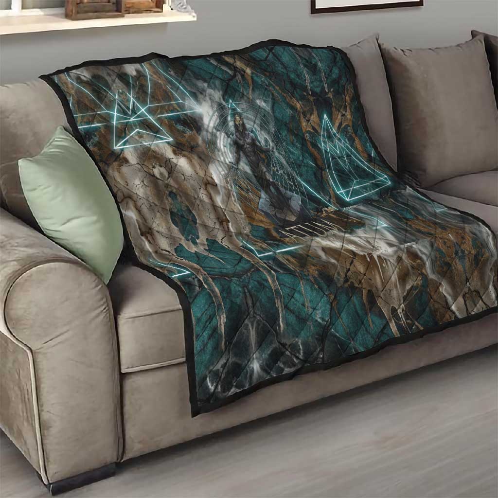 Atum Quilt Ancient Egyptian Teal Marble Smoke, Solar Barque Crown, Creator Deity Statue - Wonder Print Shop