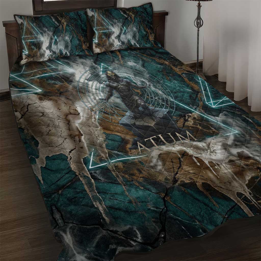Atum Quilt Bed Set Ancient Egyptian Teal Marble Smoke, Solar Barque Crown, Creator Deity Statue - Wonder Print Shop