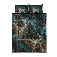 Atum Quilt Bed Set Ancient Egyptian Teal Marble Smoke, Solar Barque Crown, Creator Deity Statue - Wonder Print Shop