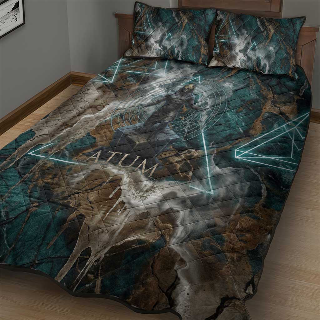 Atum Quilt Bed Set Ancient Egyptian Teal Marble Smoke, Solar Barque Crown, Creator Deity Statue - Wonder Print Shop